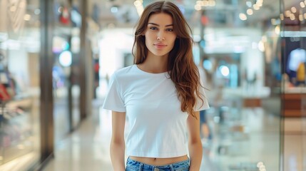 Fashionable Caucasian Woman Modeling a White T-Shirt in Front of a Department Store Glass Showcase