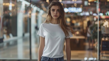 Fashionable Caucasian Woman Modeling a White T-Shirt in Front of a Department Store Glass Showcase