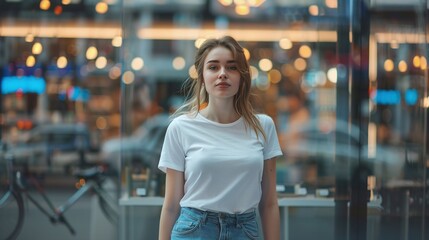 Fashionable Caucasian Woman Modeling a White T-Shirt in Front of a Department Store Glass Showcase