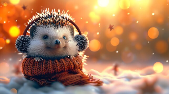 A cute hedgehog wearing a knitted scarf and earmuffs sits in the snow, with a warm, blurry background.