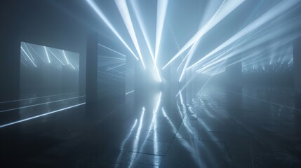 A room with white light beams shining across a foggy space.