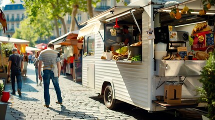 Obraz premium A food truck is parked on a cobblestone street.