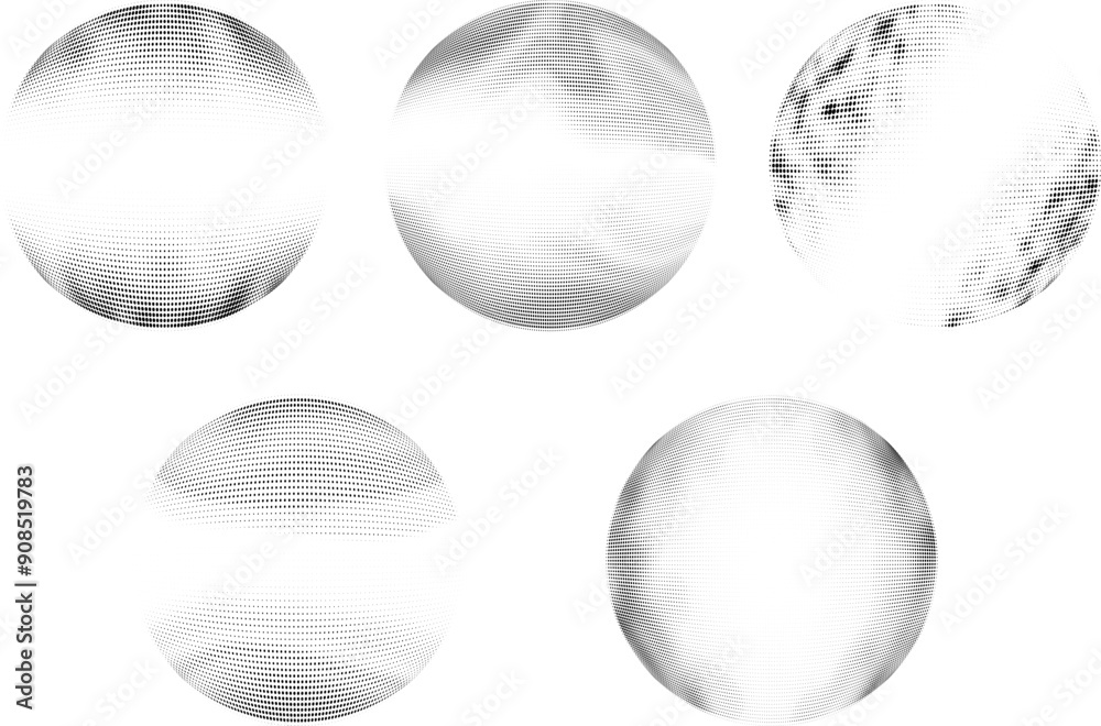 Wall mural collection of 3d sphere abstract vector icons. sphere depicted within a dotted halftone pattern on a