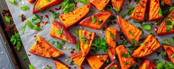 Vibrant roasted sweet potatoes topped with herbs and spices, perfect for healthy meals and flavorful side dishes.