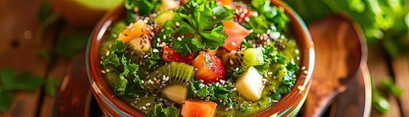 Fresh and vibrant salad bowl filled with leafy greens, colorful vegetables, and garnished with herbs, perfect for healthy meals.
