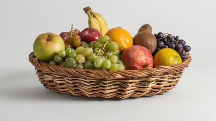 A wicker basket filled with fresh fruit on a white background.