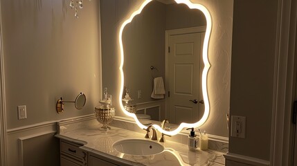 A bathroom vanity with an ornate mirror, lit with warm white LED lights.