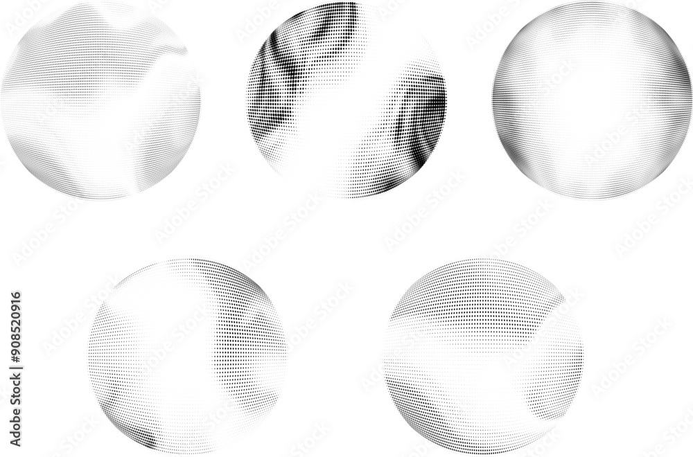 Wall mural collection of 3d sphere abstract vector icons. sphere depicted within a dotted halftone pattern on a