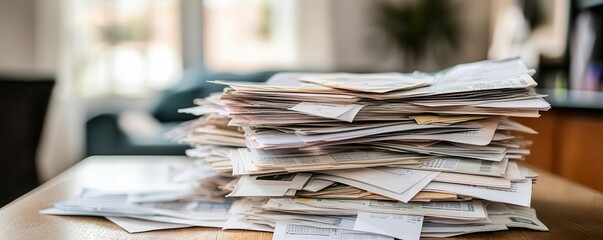 A cluttered stack of various papers and documents piled on a table, representing paperwork, administration, or disorganized office work.