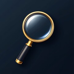 Elegant magnifying glass with a golden rim and black handle on a dark background, symbolizing search, investigation, and discovery.