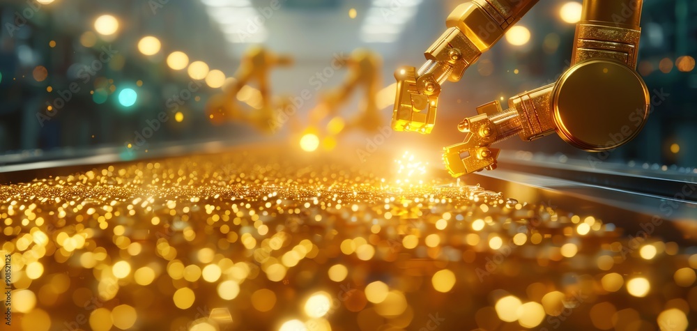 Aufkleber a futuristic factory with robotic arms assembling gold, highlighting the technological advancements 
