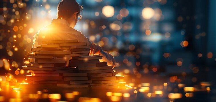 A scholar studying ancient and modern financial texts, symbolizing the merging of traditional and innovative financial wisdom