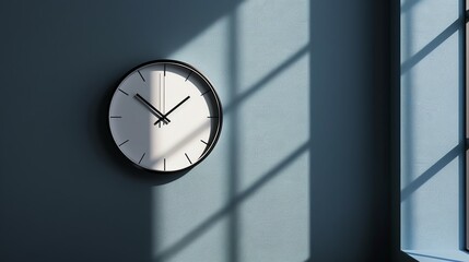 A round clock on a blue wall.