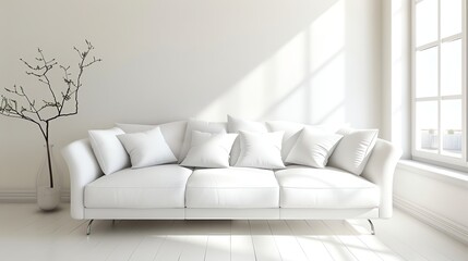 A white sofa with white pillows, a vase of branches in front of a white wall, with sunlight streaming in through a window.