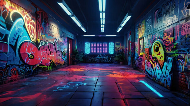 Fototapeta Cyberpunk city wall graffiti neon glow concept background wallpaper