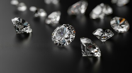 A stunning collection of loose diamonds, featuring round and cushion cut stones, scattered on a black background. The sharp focus highlights the sparkling crystals, showcasing their brilliance