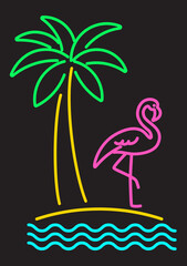Abstract flamingo bird and palm tree, neon colored outline illustration. Flamingo on the beach and palm tree. Minimalistic thick colorful line design. © AnnaPa