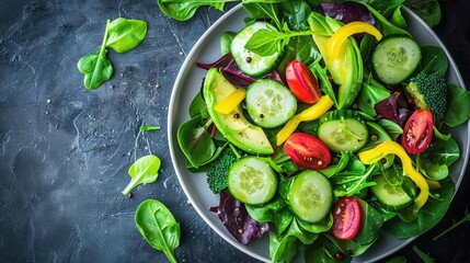Fresh salad featuring vibrant greens, crisp cucumbers, and colorful tomatoes, perfect for healthy eating and meal prep.