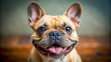 Fototapeta premium Adorable French Bulldog flashes a sweet, toothy grin, its wrinkled face scrunched up in joyful expression, capturing the heart with its playful, lovable persona.