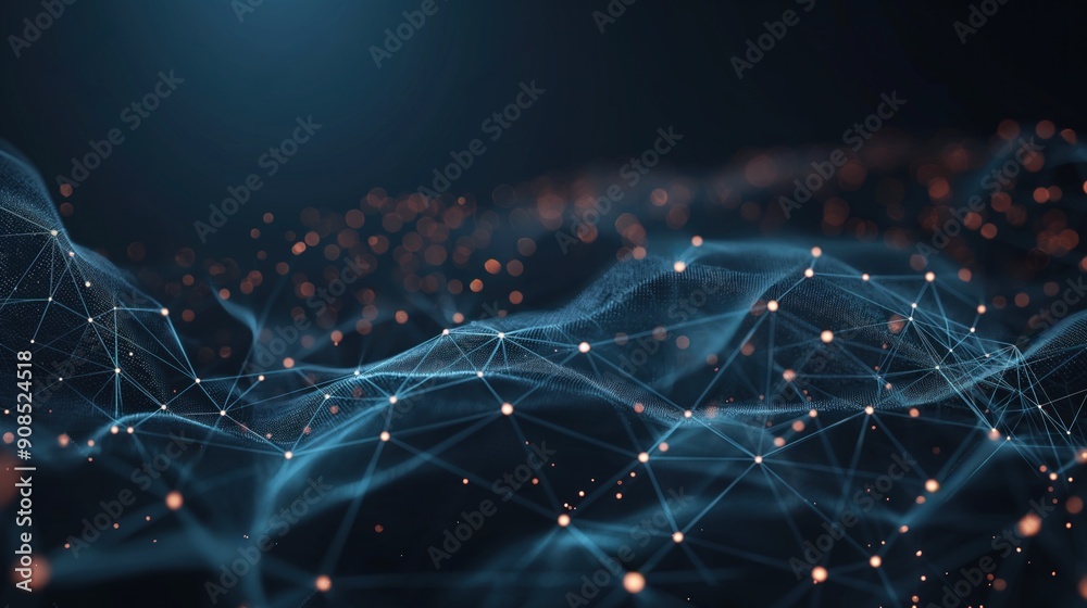 Poster complex network of interconnected nodes and lines on a dark background. geometric shapes and pattern