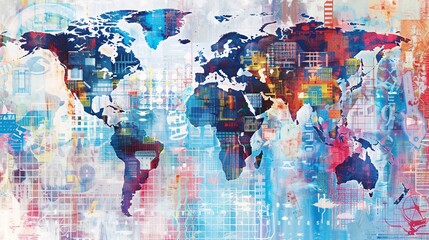 Naklejka premium Globalization Network: Abstract Digital Art of Interconnected World Maps and International Trade Symbols