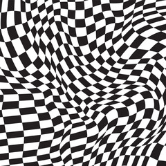 Checkered background with distortion effect. Abstract black and white background, distorted groovy twisted grid. Chessboard surface as abstract banner with distortion.