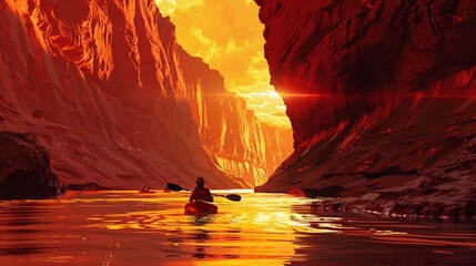 Serene Kayaker: Digital Illustration of Adventurer Paddling Through Canyon River Amidst Majestic Cliffs