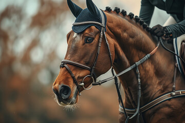 A Bay Horse Prepares for the Equestrian Show Jumping Competition