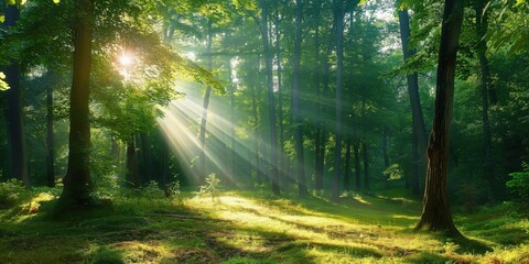 Green forest landscape with sunlight filtering through trees creating a dynamic effect. Sunbeams illuminate the rich foliage casting dappled shadows on the forest floor.