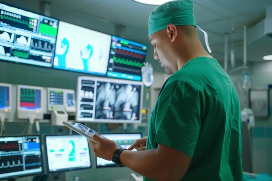 Surgeon in Operating Room Reviewing Data