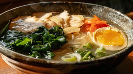 Delicious bowl of ramen with fresh ingredients including egg, vegetables, and meat, perfect for food photography.