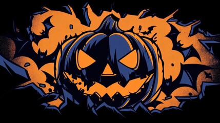 Broken Halloween banner template with eerie motifs and icons of pumpkins and bats