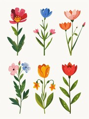 Collection of 2D and 3D Vector Flat Abstract Minimalistic Art of Flowers and Meadow Isolated on a White Background