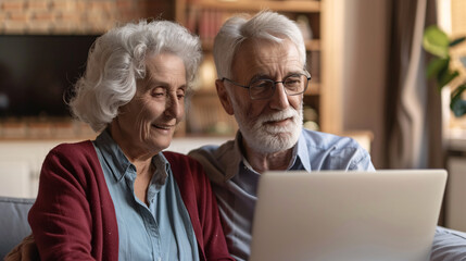 Senior Couple Comparing Health Insurance Plans Online for Retirement Savings Strategy.