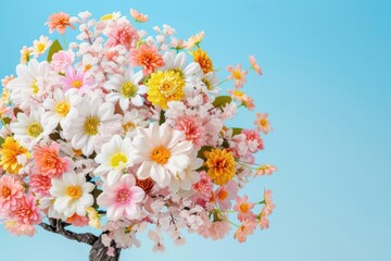 Colorful spring tree in full bloom, with a variety of pastel flowers and sunlight filtering through