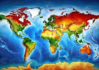 Vibrant thematic map of the Earth showcases diverse climate zones, each demarcated by distinct colors, illustrating tropical, desert, temperate, and polar regions in stunning detail.