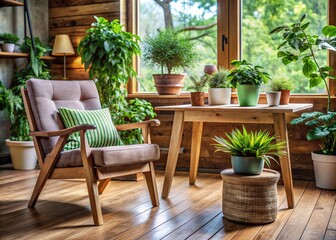 Fototapeta premium Cozy interior scene featuring a rustic wooden table placed in front of a comfortable chair, with a lush green potted plant adding a touch of serenity.