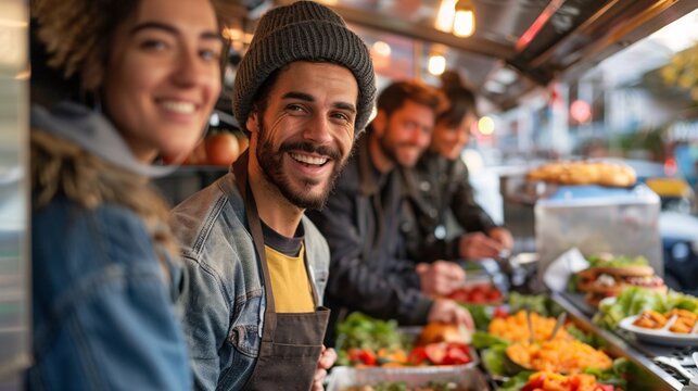 Diverse Group of Friends Enjoying Healthy Options from Vibrant Food Truck Together