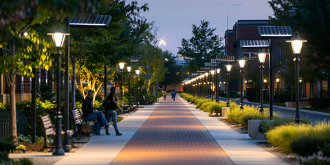 Naklejka premium Urban Park at Dusk: A Serene Evening Walk, Cityscape Serenity: A Quiet Night in the Park, dawn view 