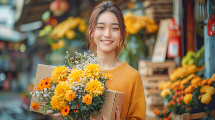 Young woman florist holding a bouquet of flowers and smiling