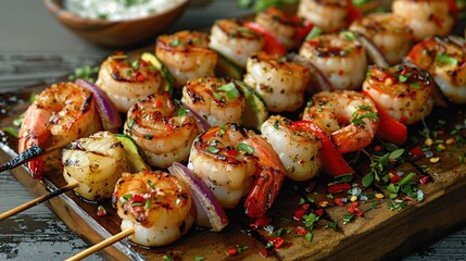 Delicious Grilled Seafood Skewers with Shrimp, Scallops, and Vegetables for Summertime BBQ