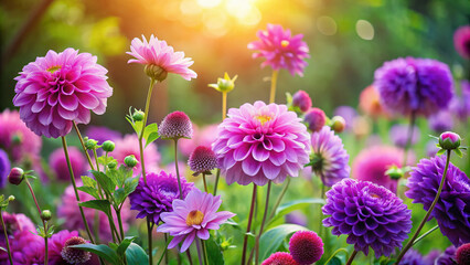 Fototapeta premium Vibrant purple and pink flowers bloom in harmony, surrounded by lush greenery, against a soft focus background, evoking feelings of serenity and whimsical beauty.