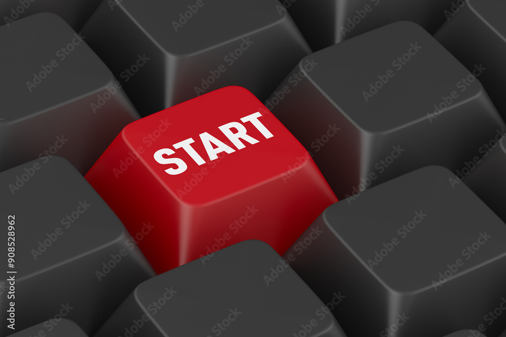 Fototapete red push button with text start. 3d illustration
