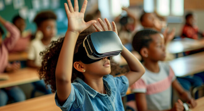 Biracial girl with VR headset raises hand in a classroom at school, surrounded by peers. Students explore virtual reality, integrating technology with education.