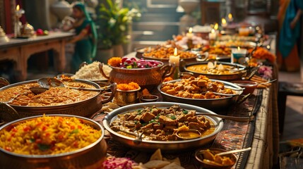 Obraz premium Vibrant Indian Banquet with Colorful Decorations and Traditional Dishes on Long Table for Special Occasion