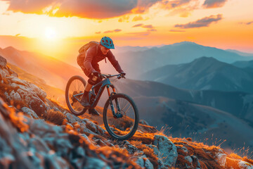 Fototapeta premium Cyclist Navigating Rocky Terrain at Sunrise in Majestic Mountain Landscape