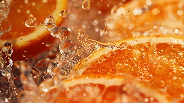 Festive citrus composition, orange slices floating in a drink. Food and drink concept, summer, vitamins, nutrition, diet. Refreshing Aperol spritz with an orange slice and splashes of soda