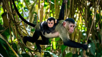 A baby capuchin monkey clings to its mother as it swings amid dense jungle vines, with sunlight filtering through the leaves.