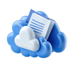 3D illustration of blue clouds with documents, representing cloud document storage and accessibility. The design emphasizes efficient digital file management and secure cloud storage solutions.
