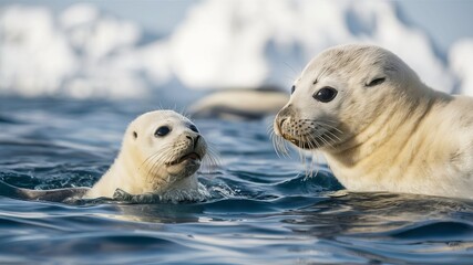 Playful grey seal pup frolics in icy waters, contrasting stark white snow with sandy beach and distant ocean